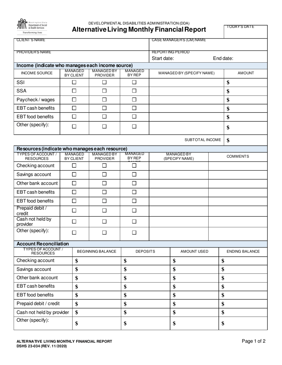 DSHS Form 23-034 Alternative Living Monthly Financial Report - Washington, Page 1