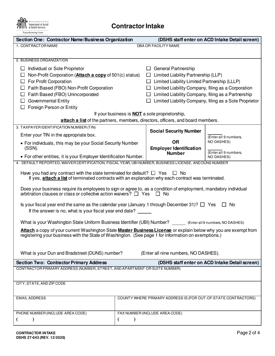 DSHS Form 27-043 Contractor Intake - Washington, Page 2