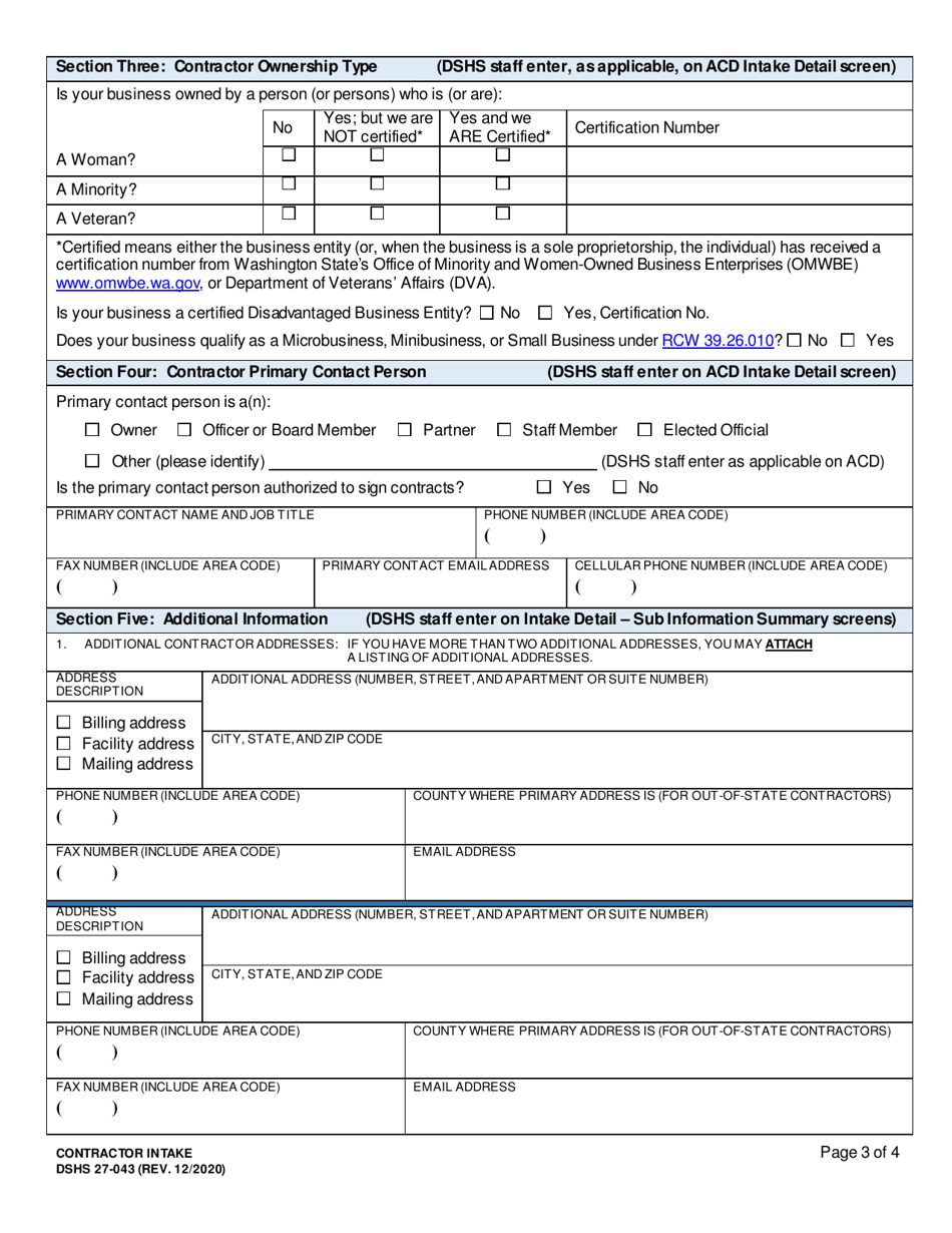 DSHS Form 27-043 Contractor Intake - Washington, Page 3