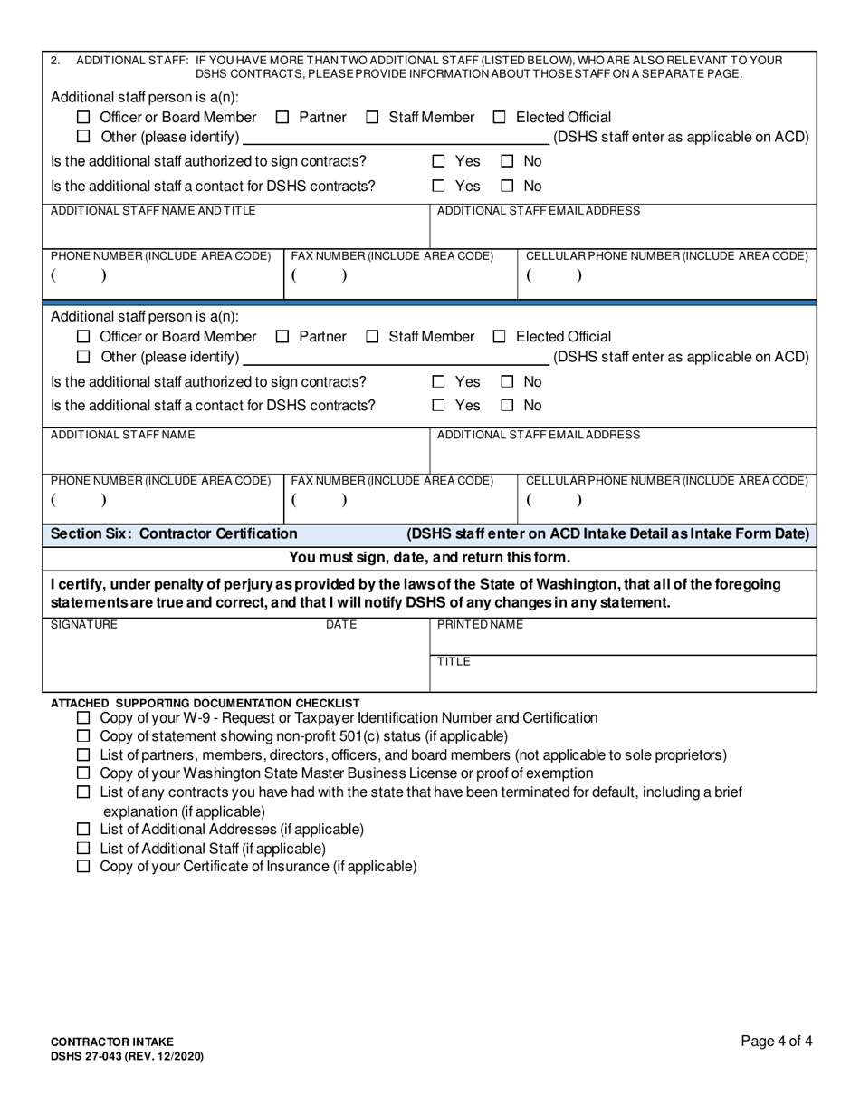 DSHS Form 27-043 Contractor Intake - Washington, Page 4