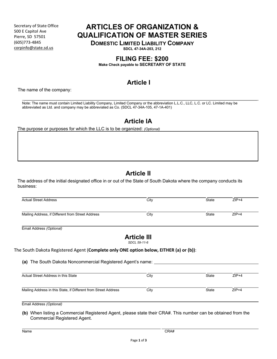 Articles of Organization  Qualification of Master Series - Domestic Limited Liability Company - South Dakota, Page 1