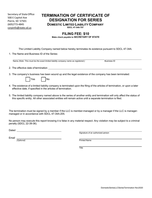 Termination of Certificate of Designation for Series - Domestic Limited Liability Company - South Dakota Download Pdf