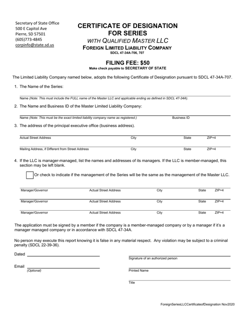Certificate of Designation for Series With Qualified Master LLC - Foreign Limited Liability Company - South Dakota Download Pdf
