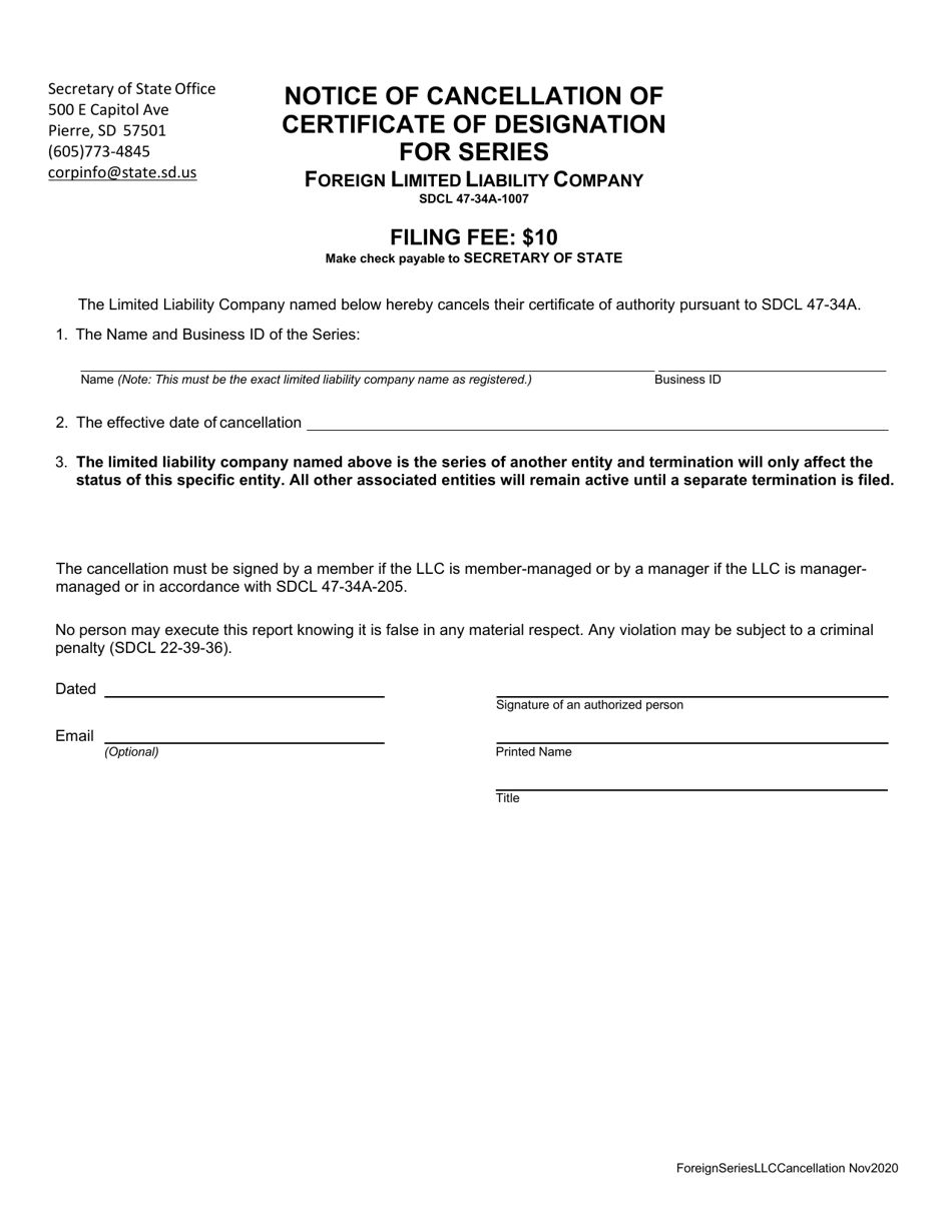 Notice of Cancellation of Certificate of Designation for Series - Foreign Limited Liability Company - South Dakota, Page 1