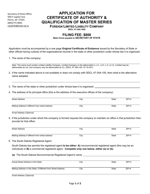 Application for Certificate of Authority & Qualification of Master Series - Foreign Limited Liability Company - South Dakota Download Pdf