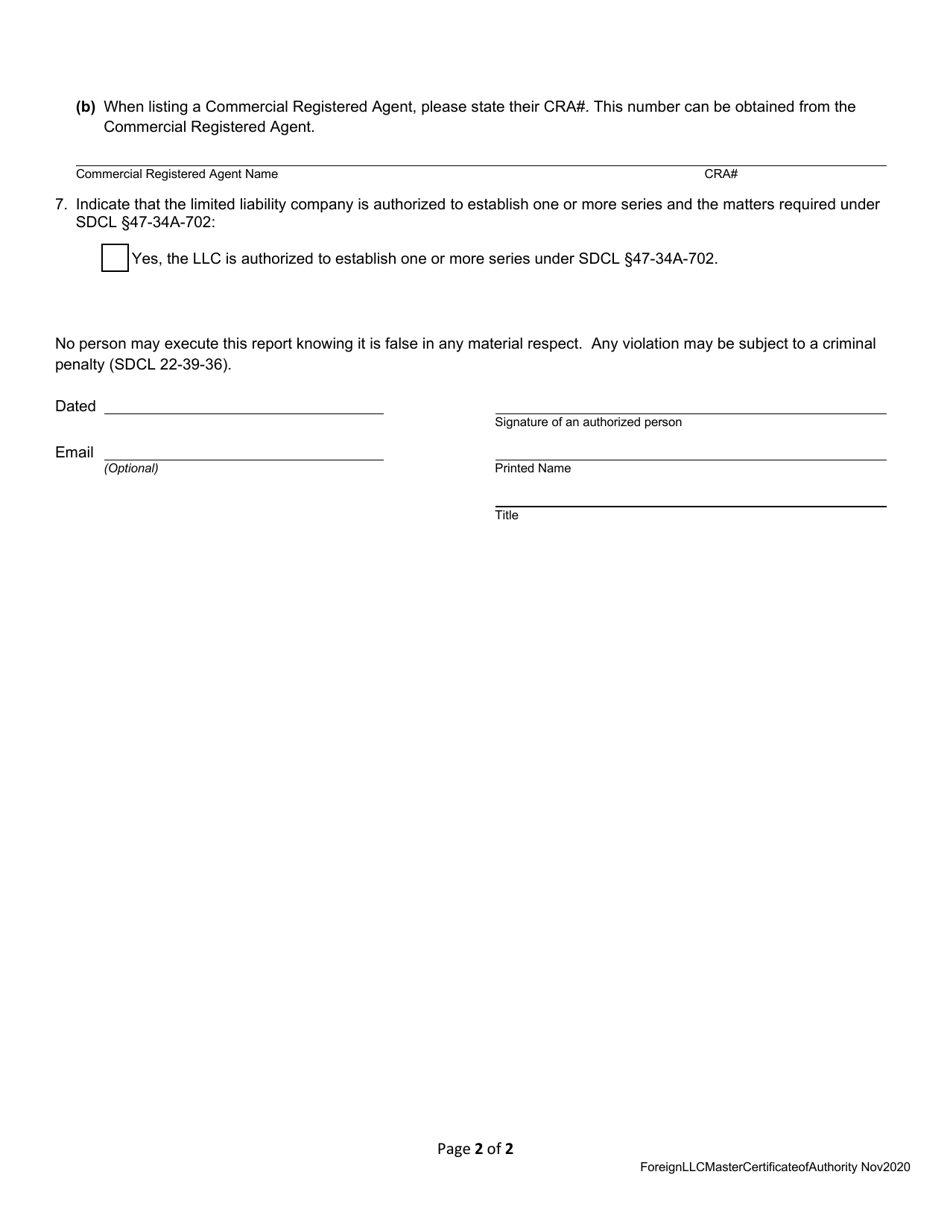 Application for Certificate of Authority  Qualification of Master Series - Foreign Limited Liability Company - South Dakota, Page 2