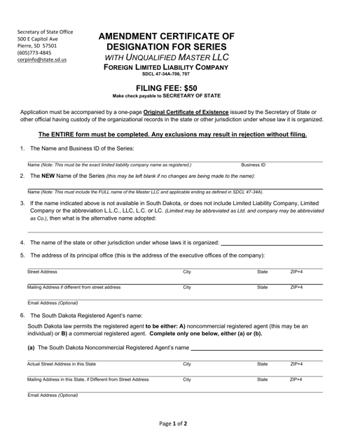 Amendment Certificate of Designation for Series With Unqualified Master LLC - Foreign Limited Liability Company - South Dakota Download Pdf