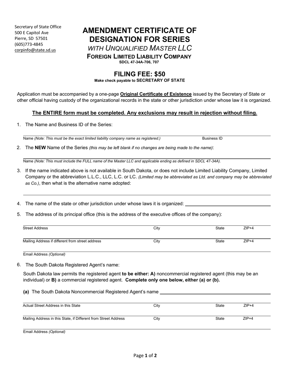 Amendment Certificate of Designation for Series With Unqualified Master LLC - Foreign Limited Liability Company - South Dakota, Page 1