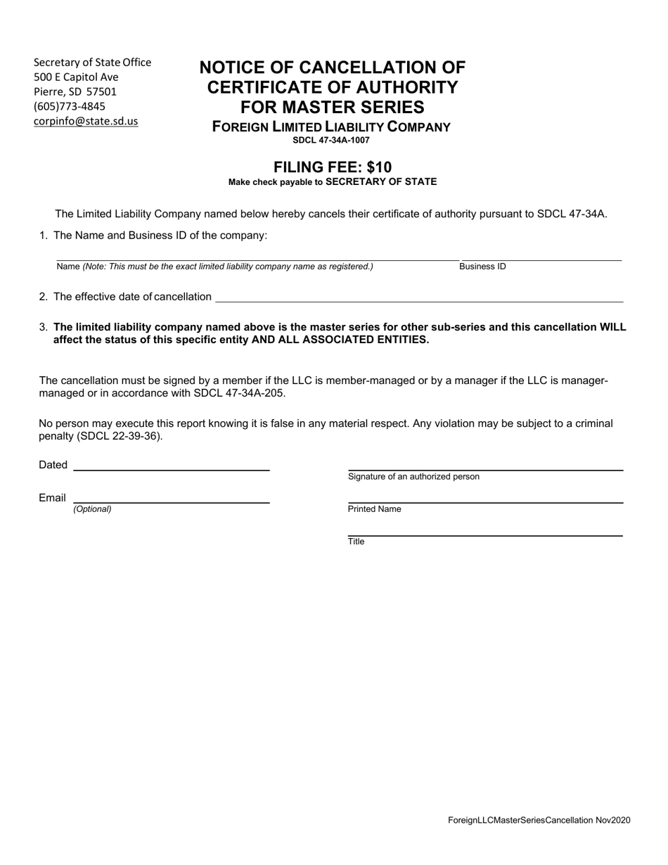 South Dakota Notice of Cancellation of Certificate of Authority for