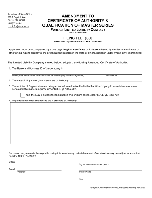 Amendment to Certificate of Authority & Qualification of Master Series - Foreign Limited Liability Company - South Dakota Download Pdf