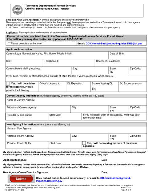 Form HS-3299 Download Fillable PDF or Fill Online Criminal Background Check  Transfer Tennessee | Templateroller