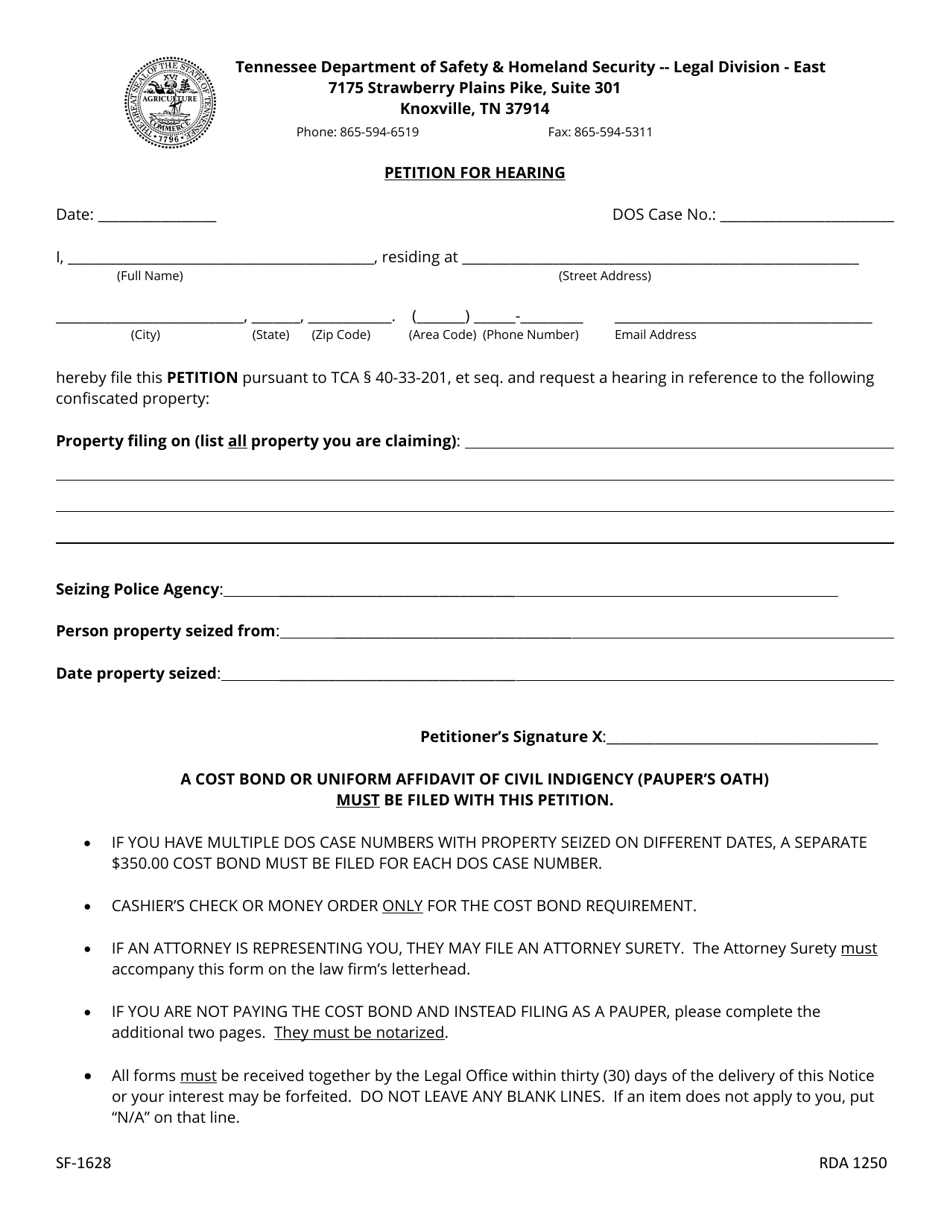 Form SF-1628 Petition for Hearing - Tennessee, Page 1