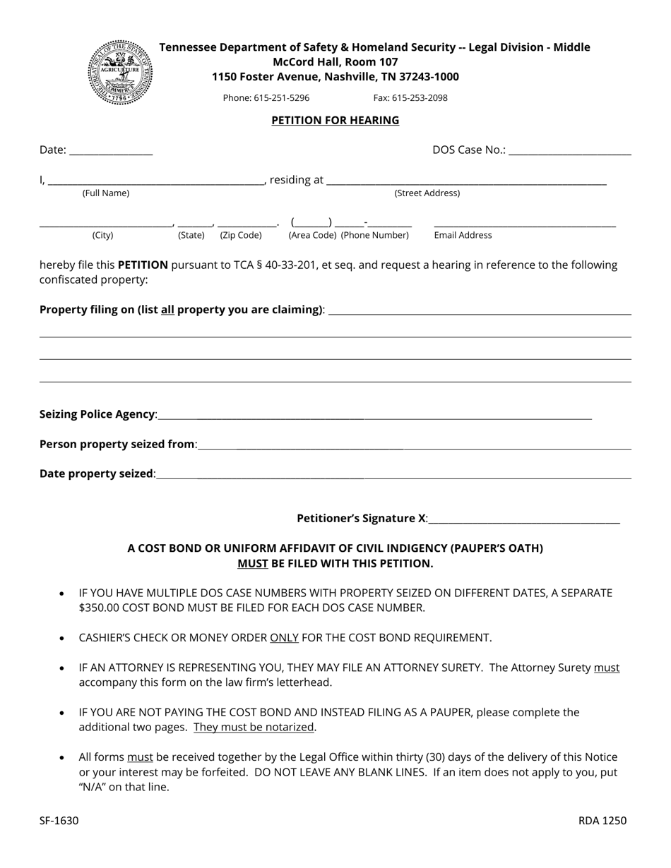 Form SF-1630 Petition for Hearing - Middle Tennessee - Tennessee, Page 1
