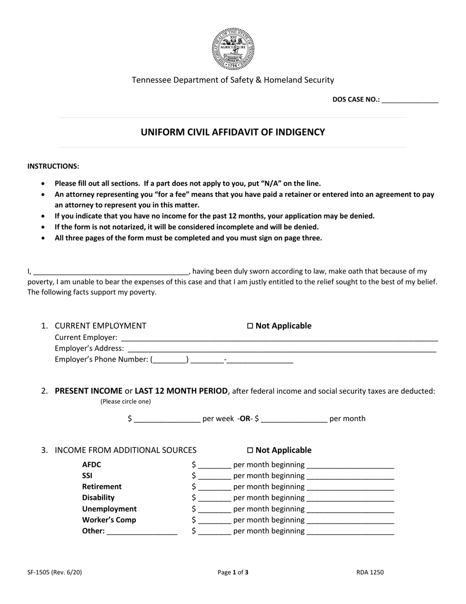Form SF-1505 Uniform Civil Affidavit of Indigency - Tennessee, Page 1