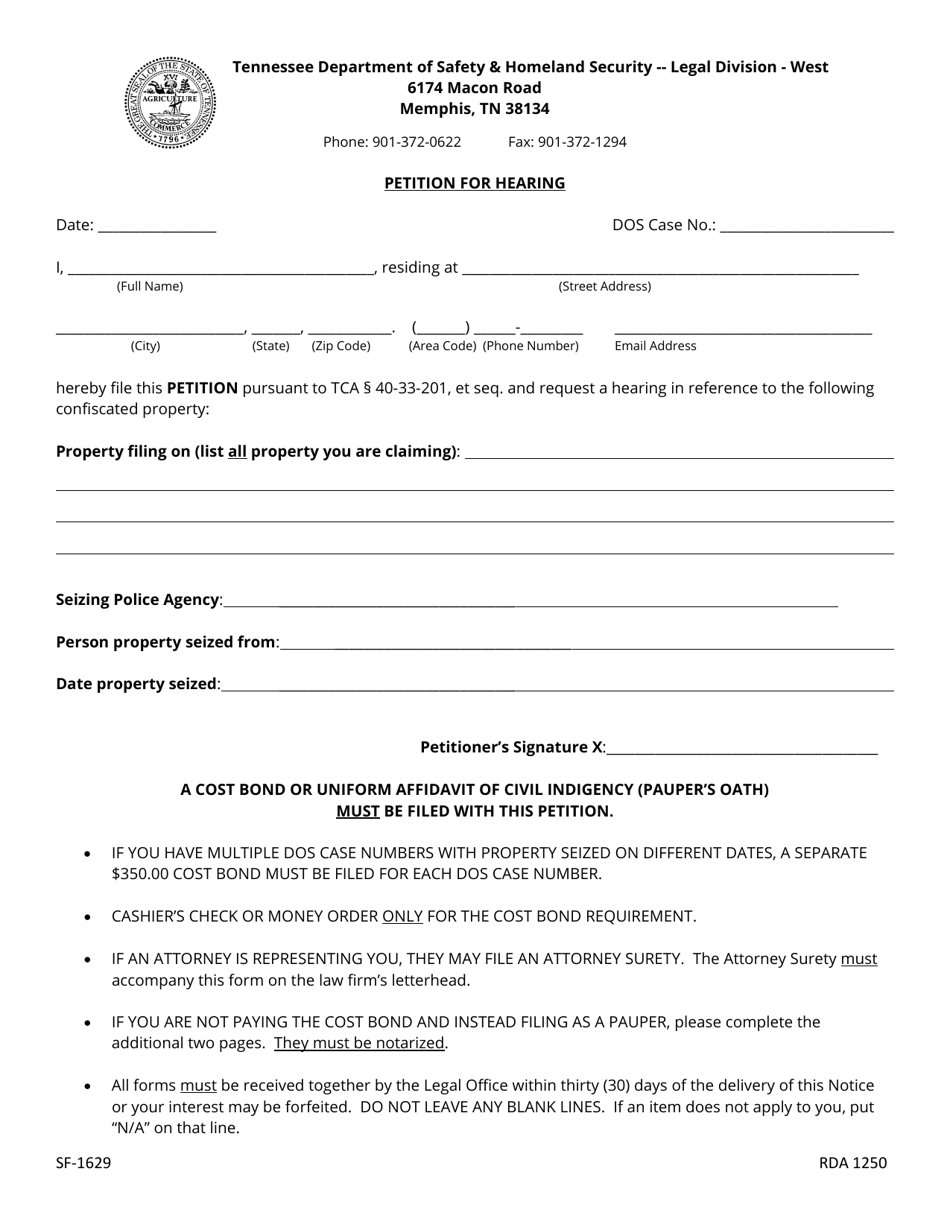 Form SF-1629 Petition for Hearing - West Tennessee - Tennessee, Page 1