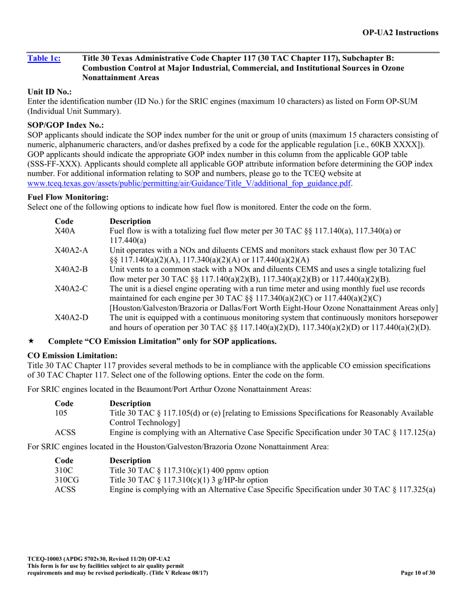 Form OP-UA2 (TCEQ-10003) Stationary Reciprocating Internal Combustion Engine Attributes - Texas, Page 10