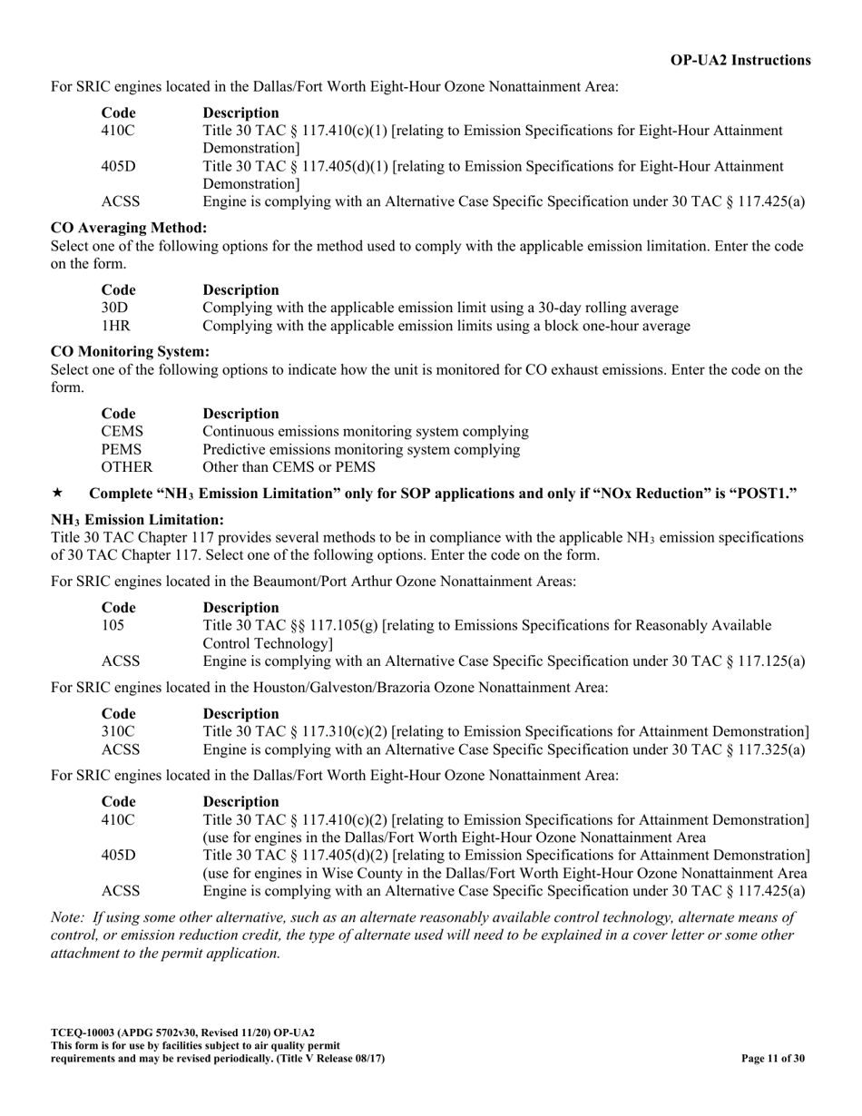 Form OP-UA2 (TCEQ-10003) Stationary Reciprocating Internal Combustion Engine Attributes - Texas, Page 11