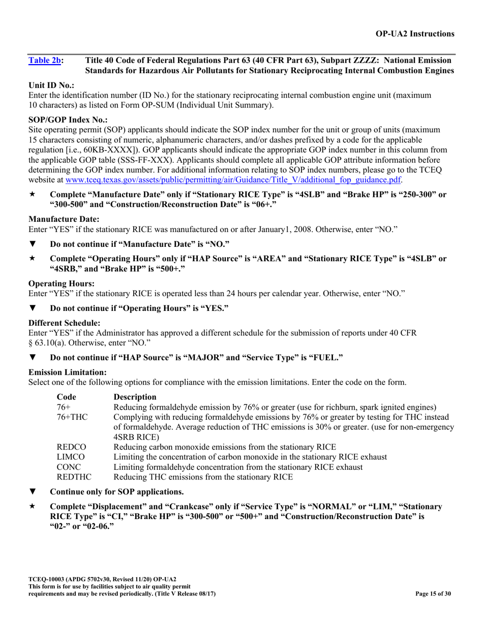 Form OP-UA2 (TCEQ-10003) Stationary Reciprocating Internal Combustion Engine Attributes - Texas, Page 15