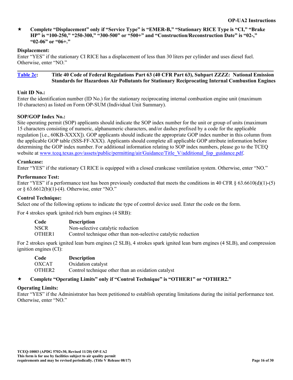 Form OP-UA2 (TCEQ-10003) Stationary Reciprocating Internal Combustion Engine Attributes - Texas, Page 16