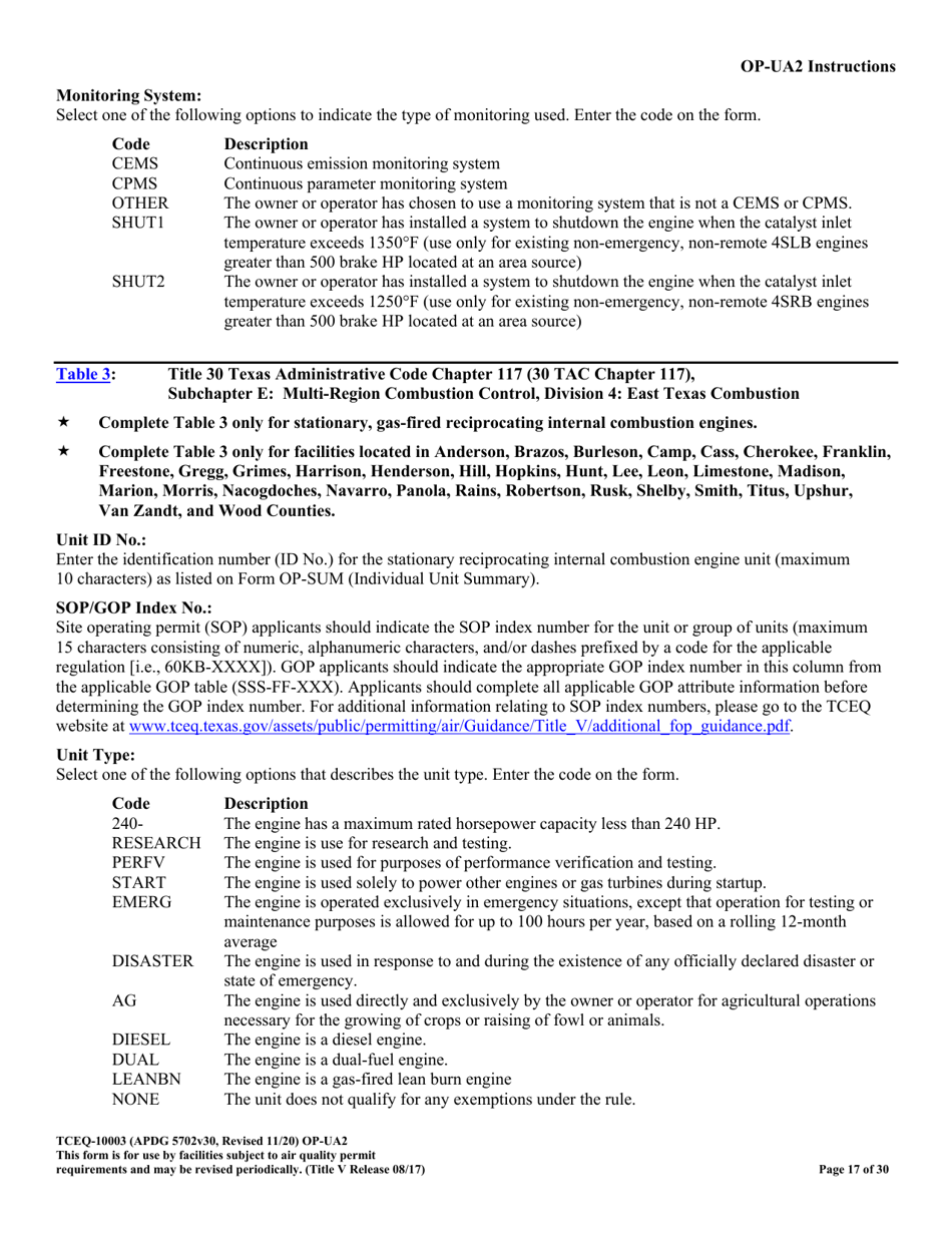 Form OP-UA2 (TCEQ-10003) Stationary Reciprocating Internal Combustion Engine Attributes - Texas, Page 17