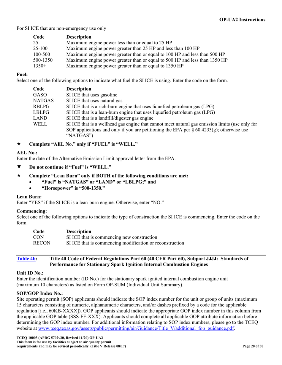 Form OP-UA2 (TCEQ-10003) Stationary Reciprocating Internal Combustion Engine Attributes - Texas, Page 20