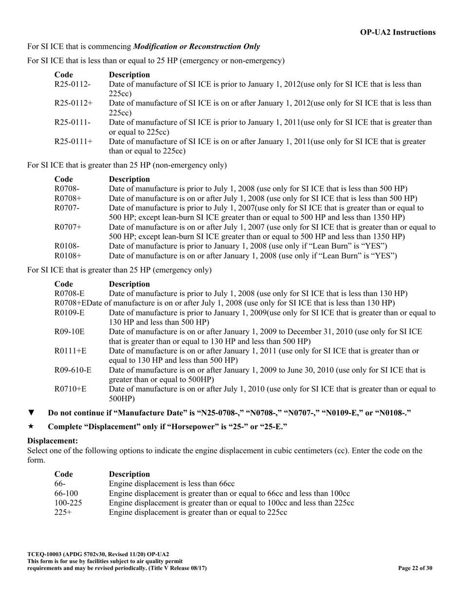 Form OP-UA2 (TCEQ-10003) Stationary Reciprocating Internal Combustion Engine Attributes - Texas, Page 22