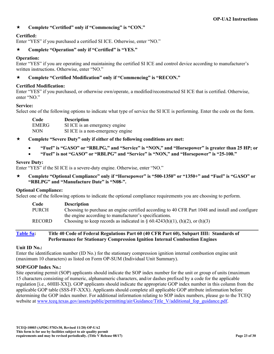Form OP-UA2 (TCEQ-10003) Stationary Reciprocating Internal Combustion Engine Attributes - Texas, Page 23