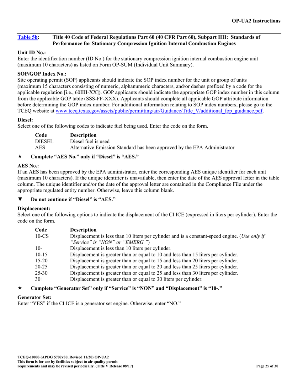 Form OP-UA2 (TCEQ-10003) Stationary Reciprocating Internal Combustion Engine Attributes - Texas, Page 25