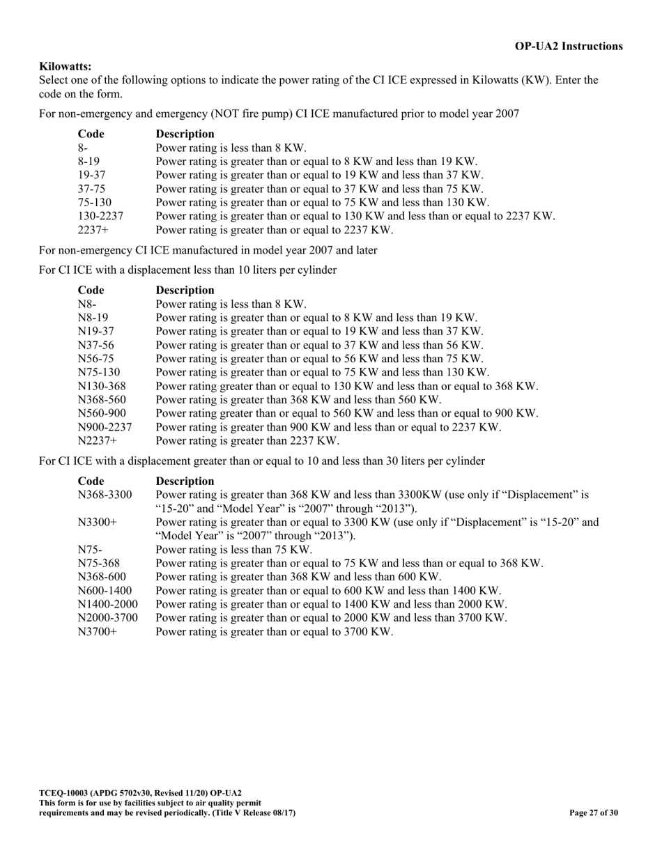 Form OP-UA2 (TCEQ-10003) Stationary Reciprocating Internal Combustion Engine Attributes - Texas, Page 27