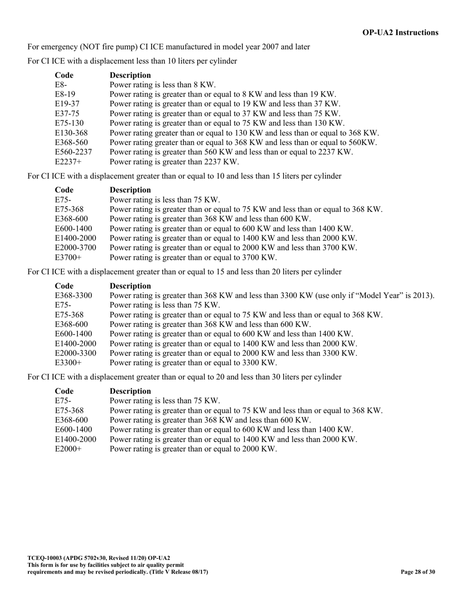 Form OP-UA2 (TCEQ-10003) Stationary Reciprocating Internal Combustion Engine Attributes - Texas, Page 28