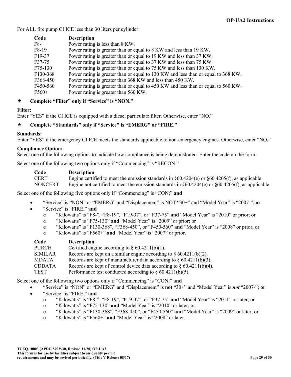 Form OP-UA2 (TCEQ-10003) Stationary Reciprocating Internal Combustion Engine Attributes - Texas, Page 29