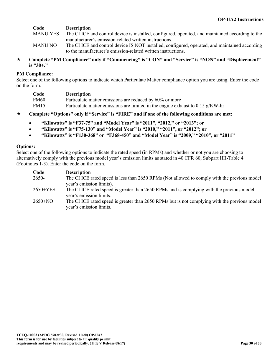 Form OP-UA2 (TCEQ-10003) Stationary Reciprocating Internal Combustion Engine Attributes - Texas, Page 30