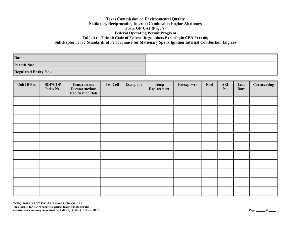 Form OP-UA2 (TCEQ-10003) Stationary Reciprocating Internal Combustion Engine Attributes - Texas, Page 38