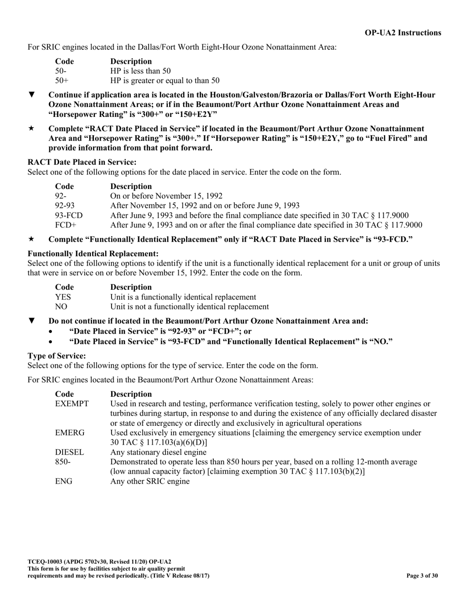 Form OP-UA2 (TCEQ-10003) Stationary Reciprocating Internal Combustion Engine Attributes - Texas, Page 3