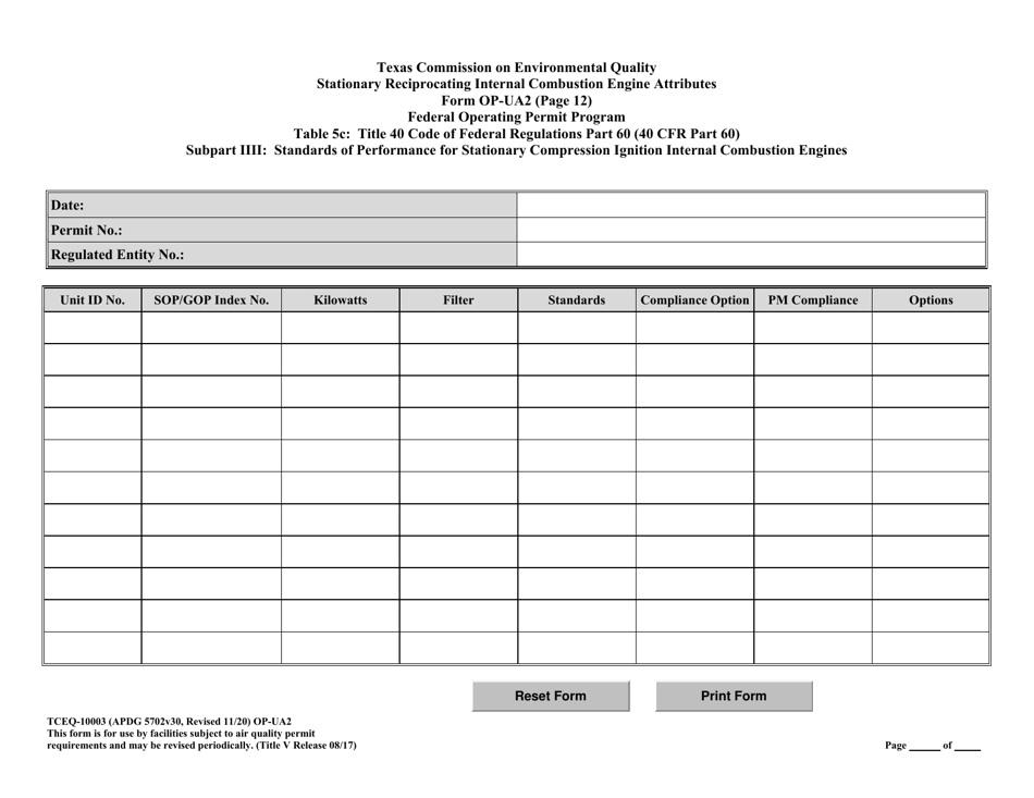 Form OP-UA2 (TCEQ-10003) Stationary Reciprocating Internal Combustion Engine Attributes - Texas, Page 42