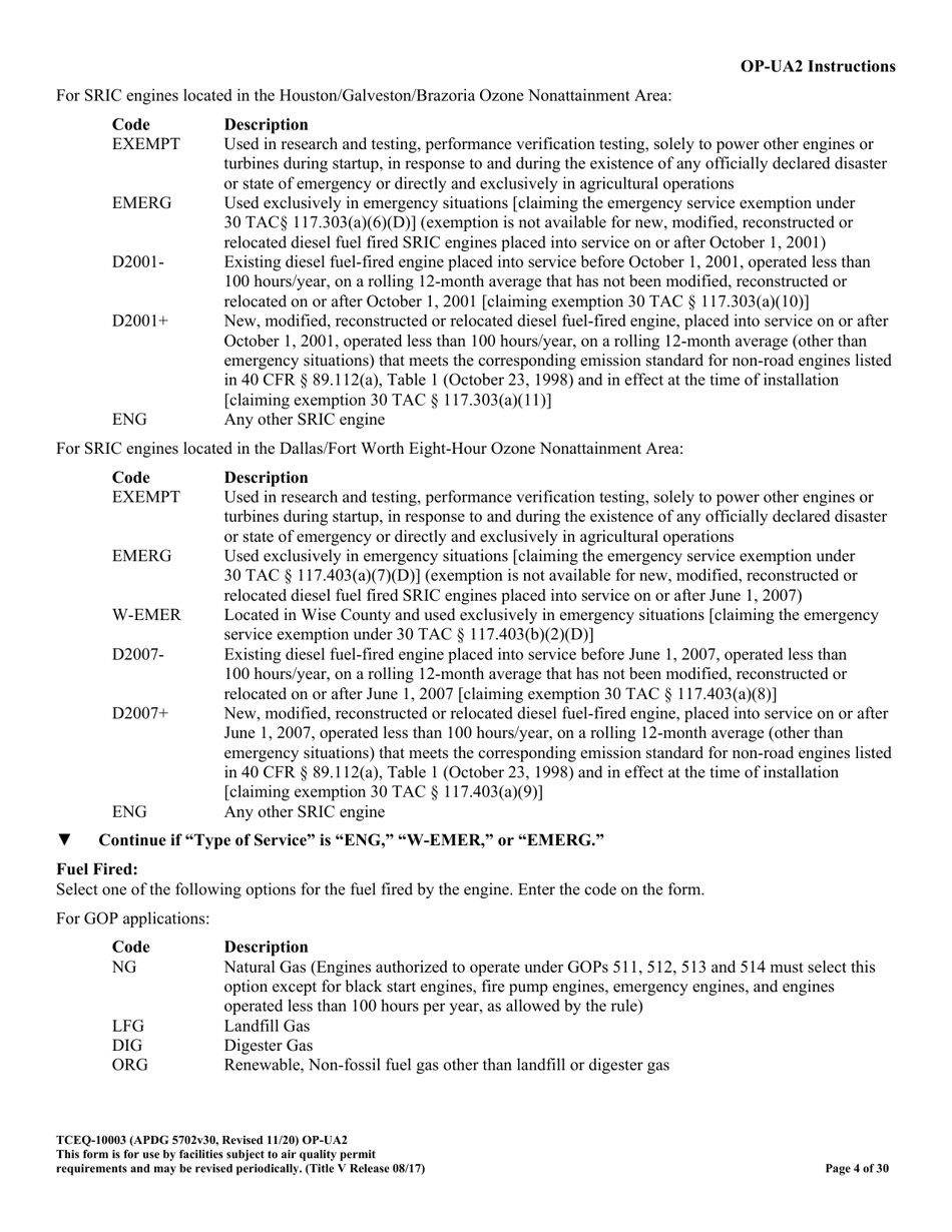 Form OP-UA2 (TCEQ-10003) Stationary Reciprocating Internal Combustion Engine Attributes - Texas, Page 4