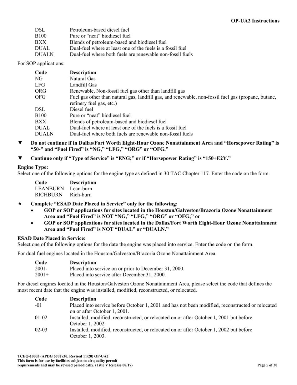 Form OP-UA2 (TCEQ-10003) Stationary Reciprocating Internal Combustion Engine Attributes - Texas, Page 5