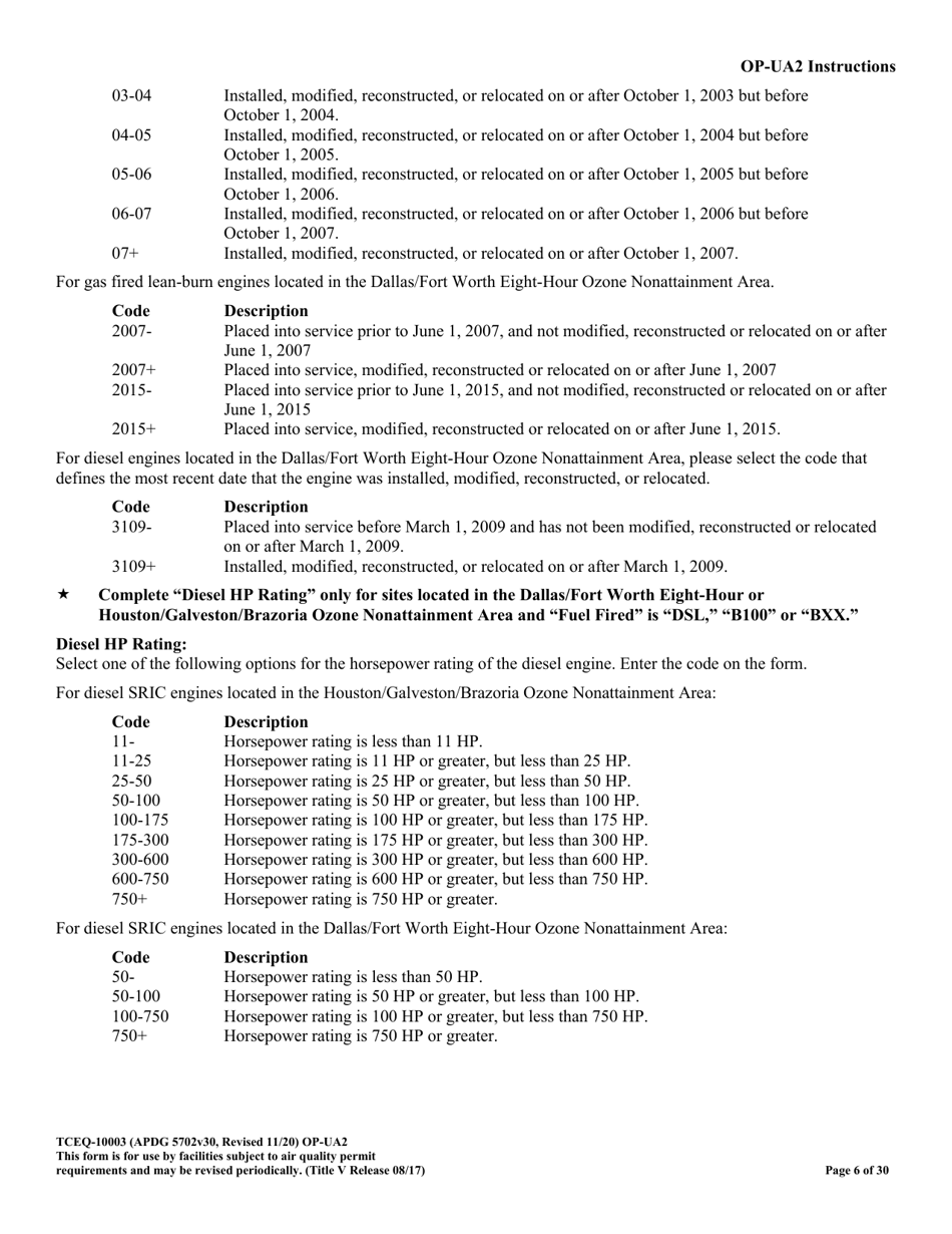 Form OP-UA2 (TCEQ-10003) Stationary Reciprocating Internal Combustion Engine Attributes - Texas, Page 6