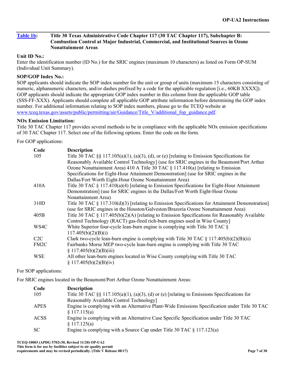 Form OP-UA2 (TCEQ-10003) Stationary Reciprocating Internal Combustion Engine Attributes - Texas, Page 7