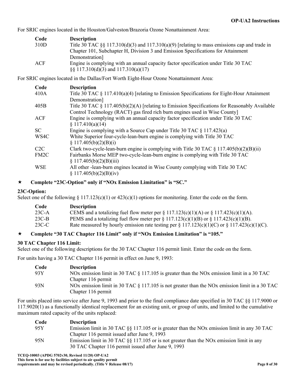 Form OP-UA2 (TCEQ-10003) Stationary Reciprocating Internal Combustion Engine Attributes - Texas, Page 8