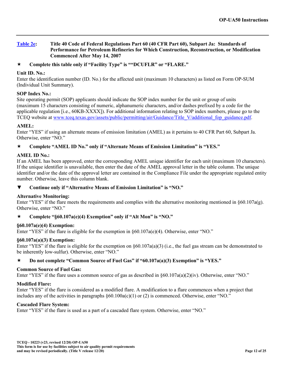 Form OP-UA50 (TCEQ-10223) Fluid Catalytic Cracking Unit Catalyst Regenerator / Fuel Gas Combustion Device / Claus Sulfur Recovery Plant / Coking Unit Attributes - Texas, Page 12