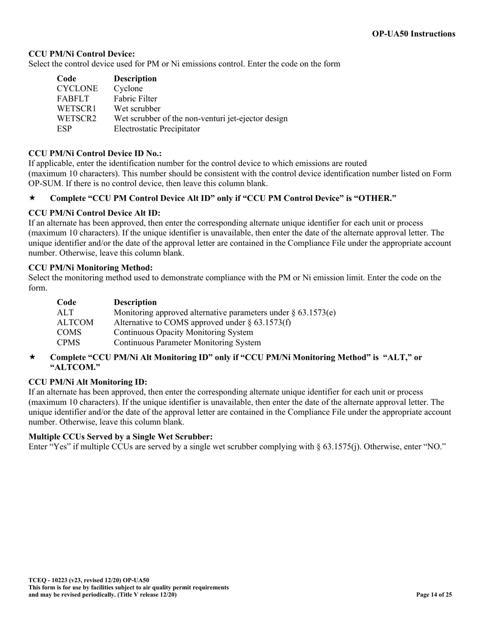Form OP-UA50 (TCEQ-10223) Fluid Catalytic Cracking Unit Catalyst Regenerator / Fuel Gas Combustion Device / Claus Sulfur Recovery Plant / Coking Unit Attributes - Texas, Page 14