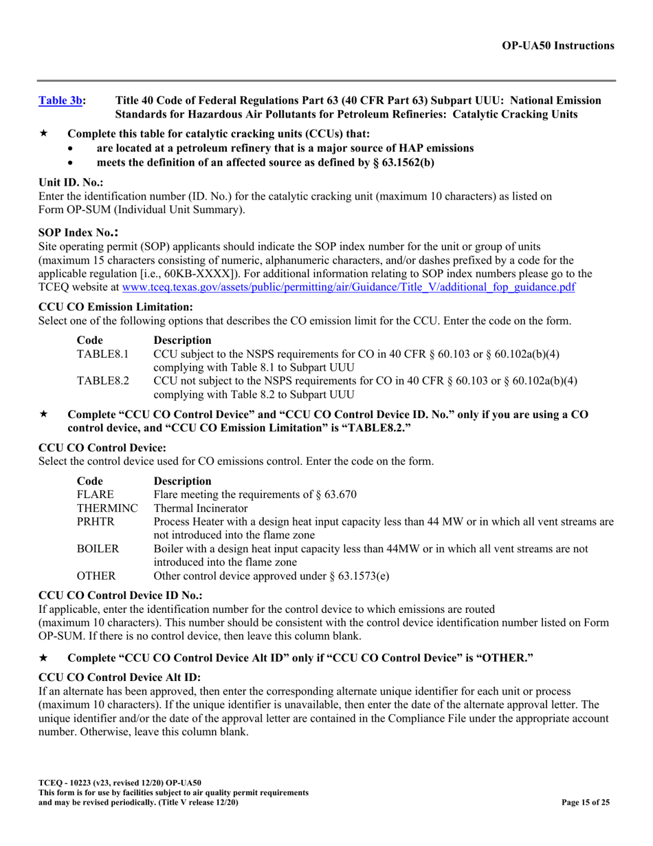 Form OP-UA50 (TCEQ-10223) Fluid Catalytic Cracking Unit Catalyst Regenerator / Fuel Gas Combustion Device / Claus Sulfur Recovery Plant / Coking Unit Attributes - Texas, Page 15