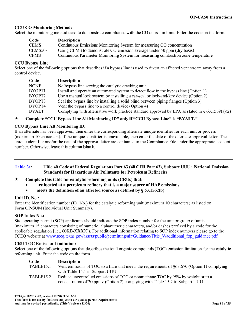 Form OP-UA50 (TCEQ-10223) Fluid Catalytic Cracking Unit Catalyst Regenerator / Fuel Gas Combustion Device / Claus Sulfur Recovery Plant / Coking Unit Attributes - Texas, Page 16