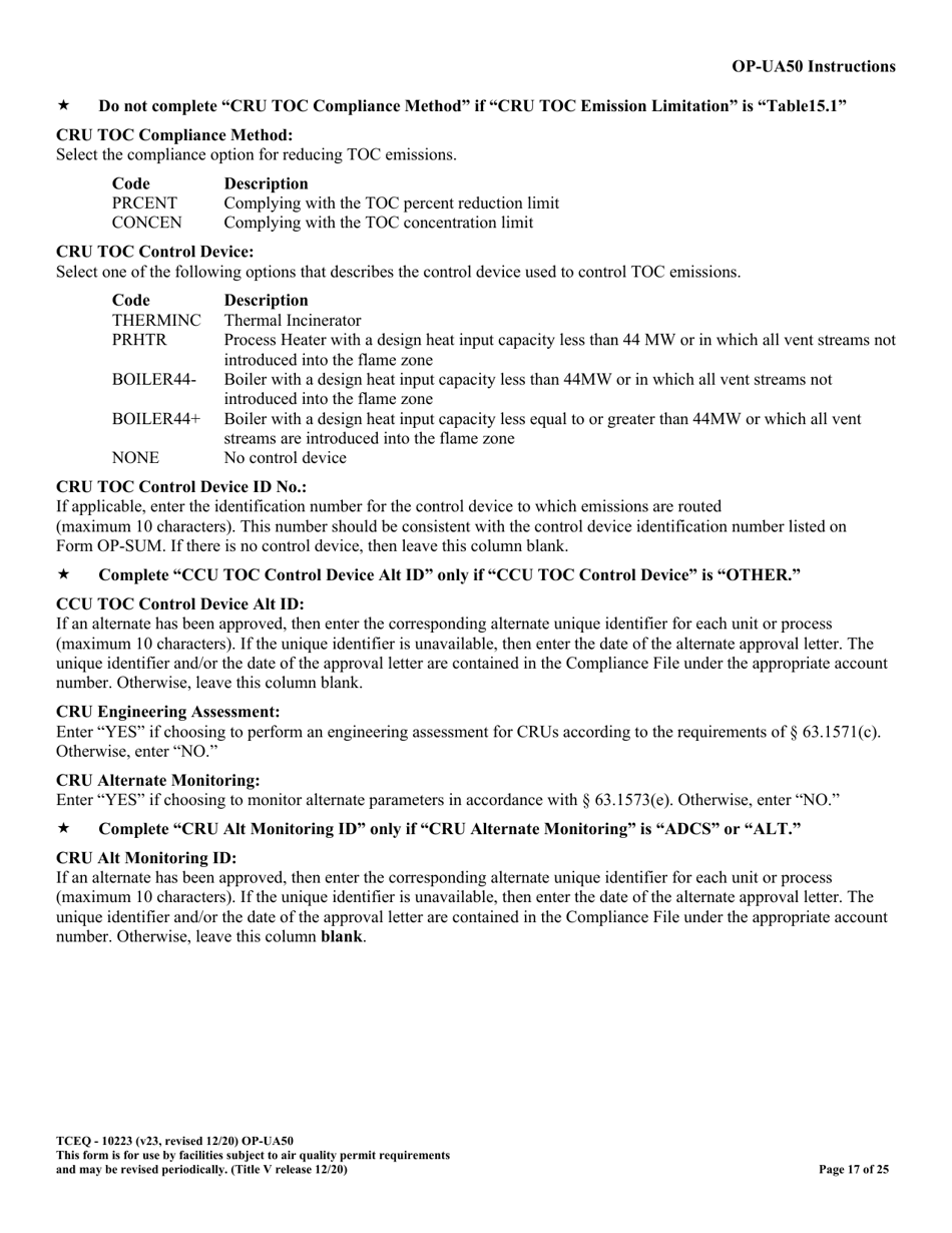 Form OP-UA50 (TCEQ-10223) Fluid Catalytic Cracking Unit Catalyst Regenerator / Fuel Gas Combustion Device / Claus Sulfur Recovery Plant / Coking Unit Attributes - Texas, Page 17