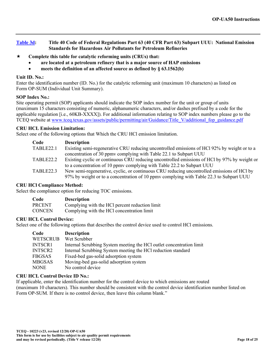 Form OP-UA50 (TCEQ-10223) Fluid Catalytic Cracking Unit Catalyst Regenerator / Fuel Gas Combustion Device / Claus Sulfur Recovery Plant / Coking Unit Attributes - Texas, Page 18