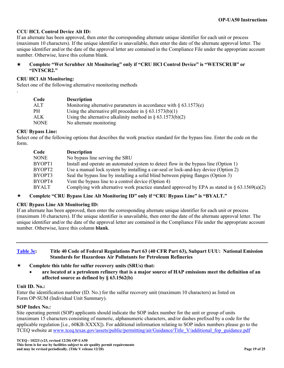 Form OP-UA50 (TCEQ-10223) Fluid Catalytic Cracking Unit Catalyst Regenerator / Fuel Gas Combustion Device / Claus Sulfur Recovery Plant / Coking Unit Attributes - Texas, Page 19