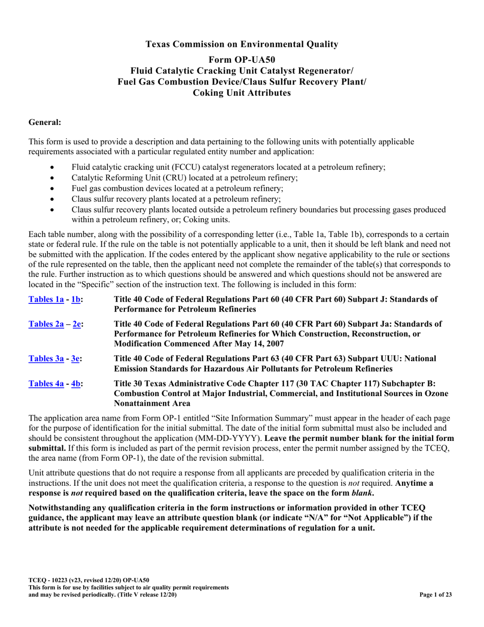 Form OP-UA50 (TCEQ-10223) Fluid Catalytic Cracking Unit Catalyst Regenerator / Fuel Gas Combustion Device / Claus Sulfur Recovery Plant / Coking Unit Attributes - Texas, Page 1