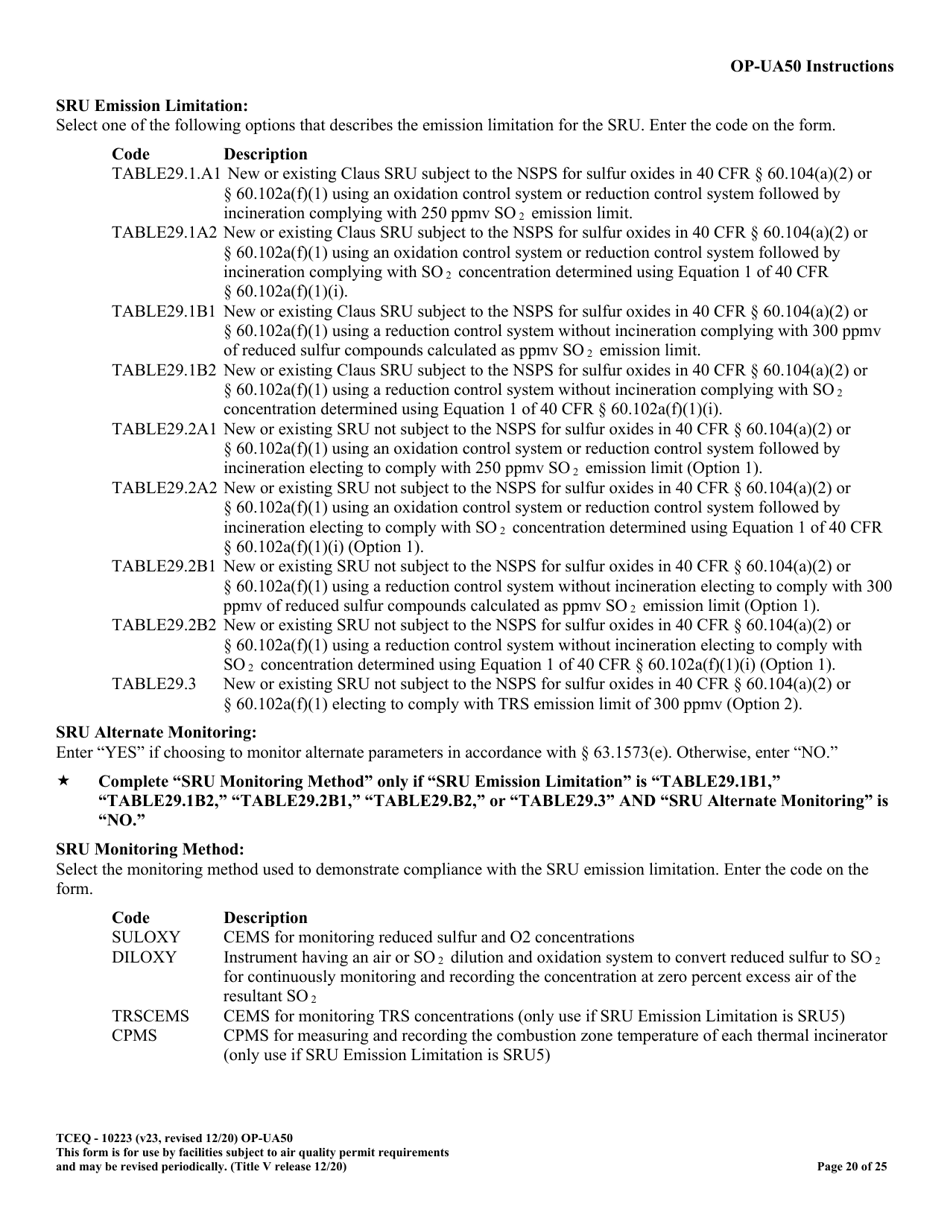 Form OP-UA50 (TCEQ-10223) Fluid Catalytic Cracking Unit Catalyst Regenerator / Fuel Gas Combustion Device / Claus Sulfur Recovery Plant / Coking Unit Attributes - Texas, Page 20