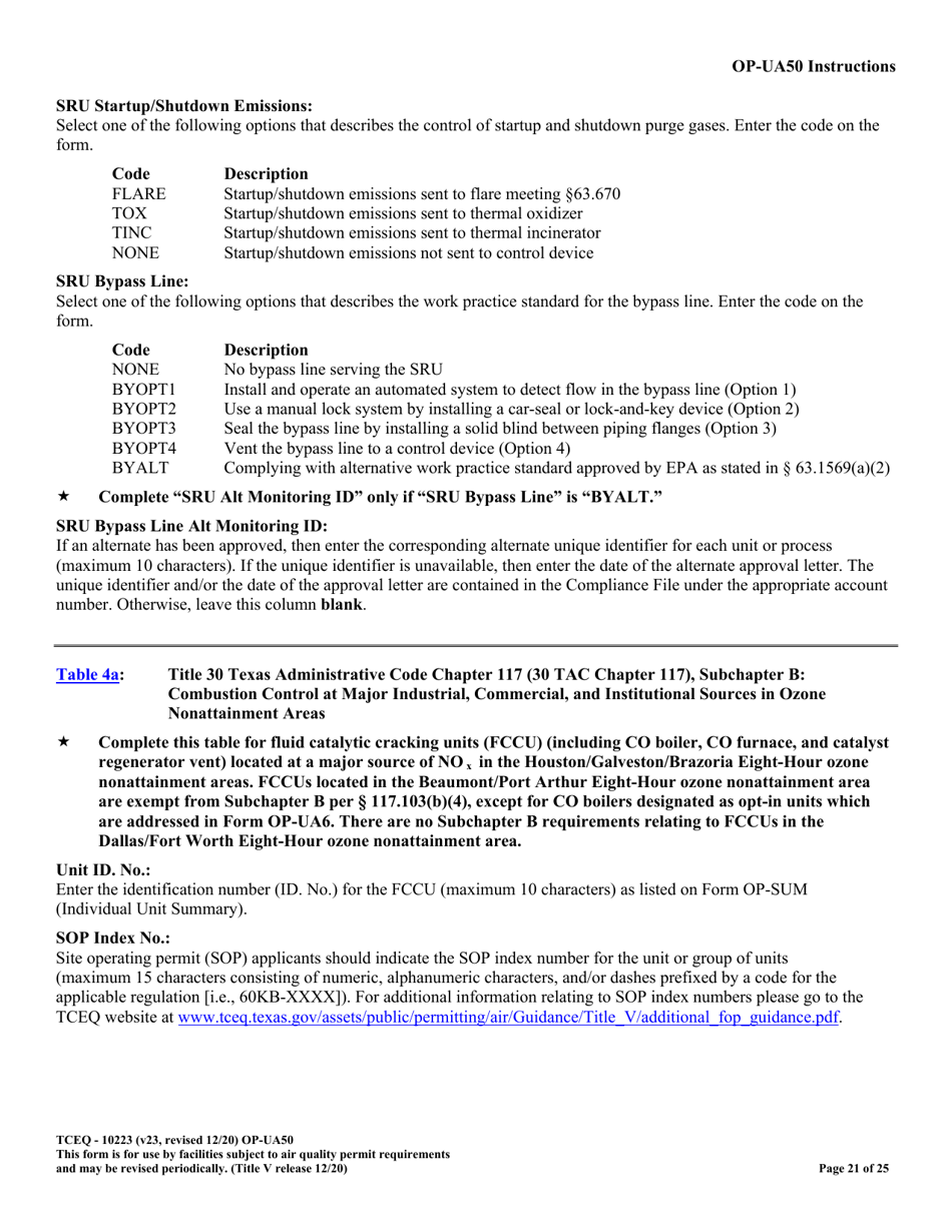Form OP-UA50 (TCEQ-10223) Fluid Catalytic Cracking Unit Catalyst Regenerator / Fuel Gas Combustion Device / Claus Sulfur Recovery Plant / Coking Unit Attributes - Texas, Page 21